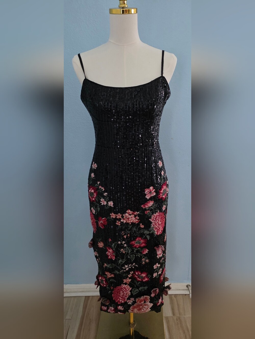 Black Sequin Midi Dress with Pink Floral Embroidery